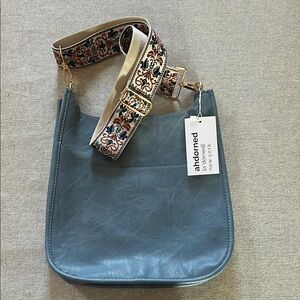 NWT ah.dorned Vegan Leather Shoulder Bag Light Blue Embroidered Strap